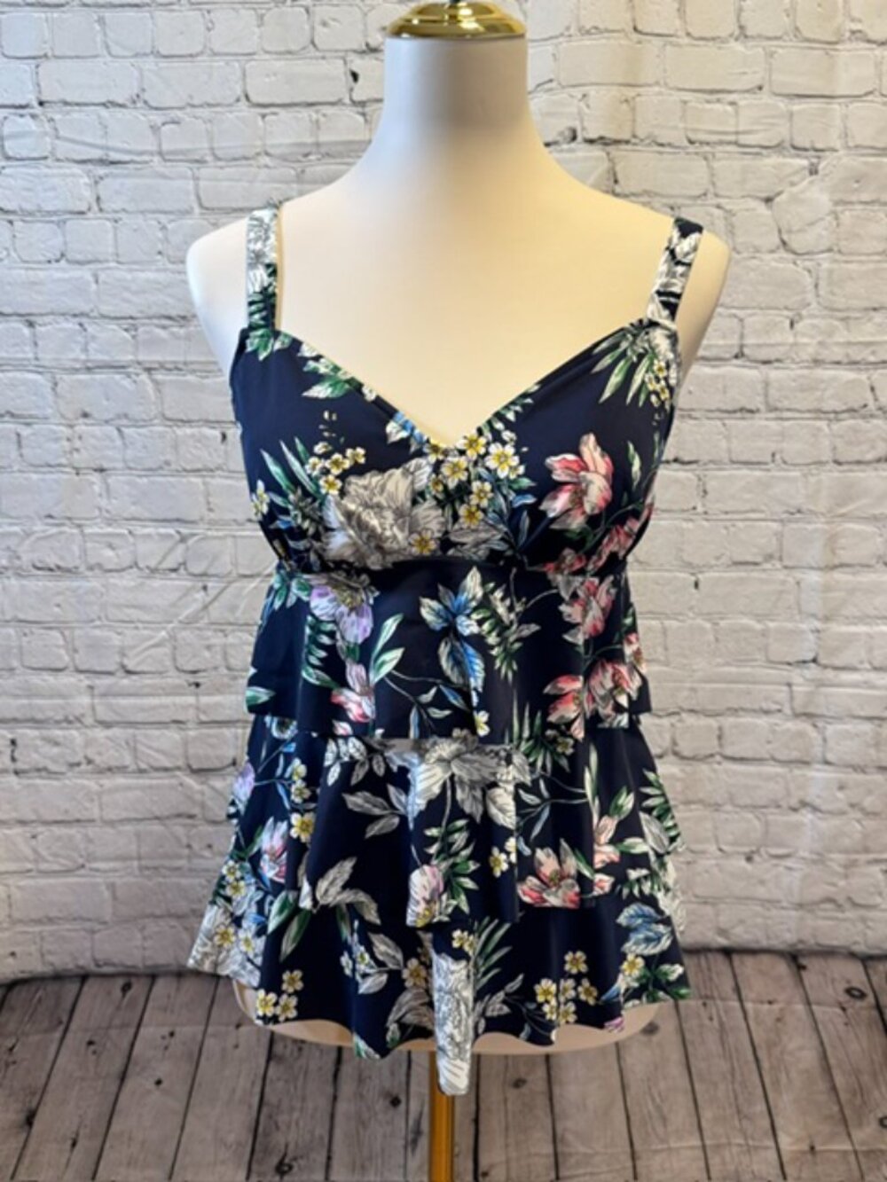 Holipick Floral Tiered Peplum Tankini Swim Top Navy Pink Blue Size 12